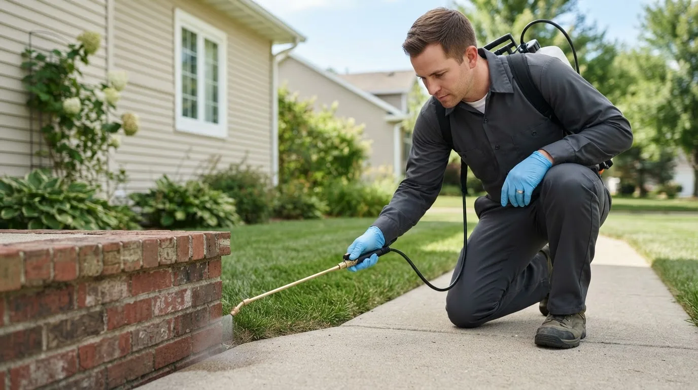 Pest control technician treating a home near Hennepin, OK